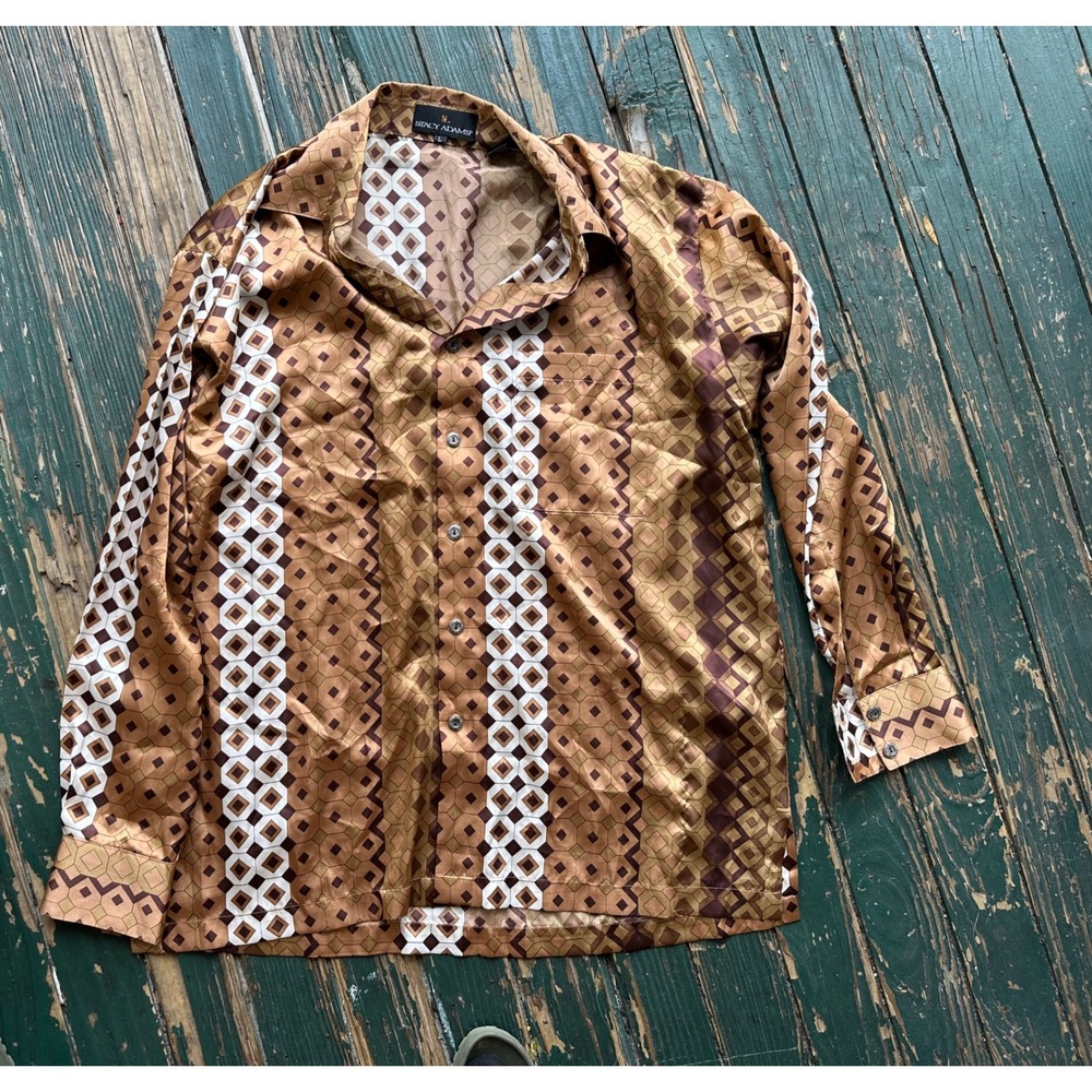 Stacy Adams Mens Brown Geometric Diamond Print Satin Long Sleeve Shirt Large